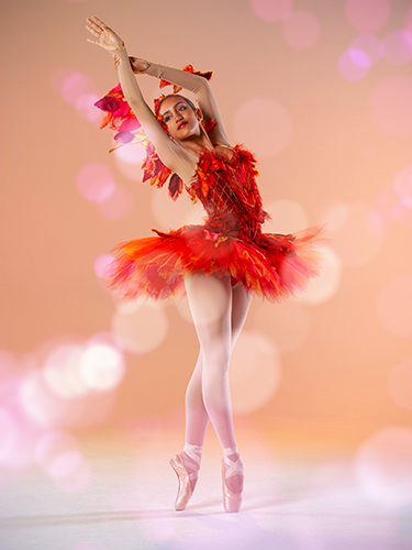 Ballet dancer in vibrant red and orange feathered costume poses gracefully on pointe against a soft, glowing pink background.