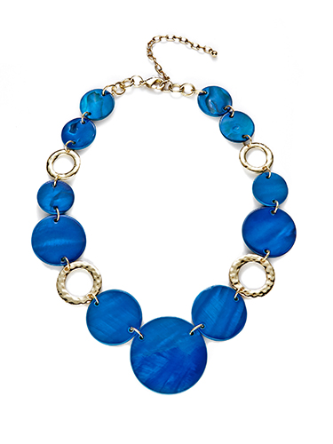 A necklace featuring alternating large blue and smaller gold circular links, with a gold chain clasp. The blue circles have a marbled texture while the gold circles are smooth and shiny.