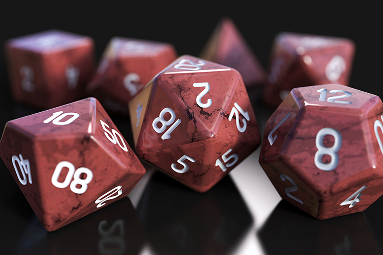 A set of red polyhedral dice with white numbers, including a 20-sided die, a 12-sided die, and others, scattered on a reflective black surface.